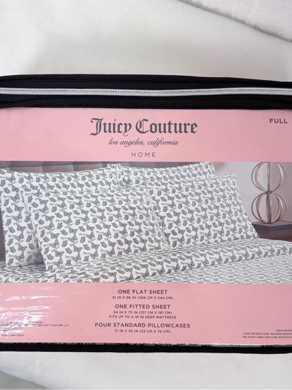 Juicy Couture Butterfly Print Full Sheet Set 6 Piece Bedding White Black Full - Picture 3 of 6